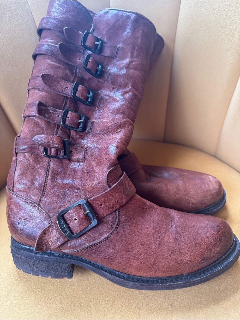 Frye Brown Leather Buckle Mid-Calf Boots, faux fur lined